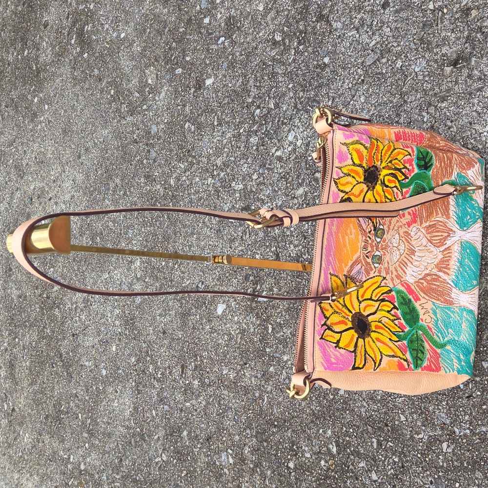 Handpainted Faded Blush Cat and Sunflower Women's Bag. Excellent Used Condition. - Picture 11 of 13